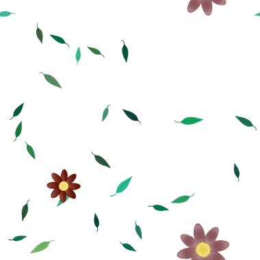 Duvar kağıdı, vektör illüstrasyonu için basit renkli çiçekler ve yeşil yapraklar