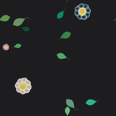 Serbest kompozisyonda yeşil yapraklı basit çiçekler, vektör illüstrasyonu