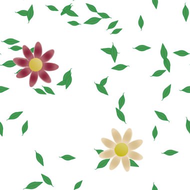 Duvar kağıdı, vektör illüstrasyonu için basit renkli çiçekler ve yeşil yapraklar
