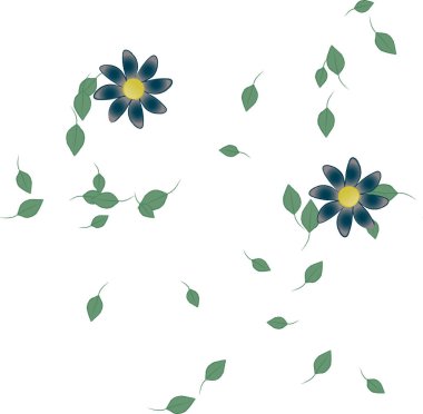 Serbest kompozisyonda yeşil yapraklı basit çiçekler, vektör illüstrasyonu