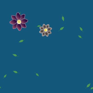 Duvar kağıdı, vektör illüstrasyonu için basit renkli çiçekler ve yeşil yapraklar