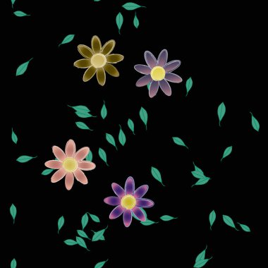 Duvar kağıdı, vektör illüstrasyonu için basit renkli çiçekler ve yeşil yapraklar