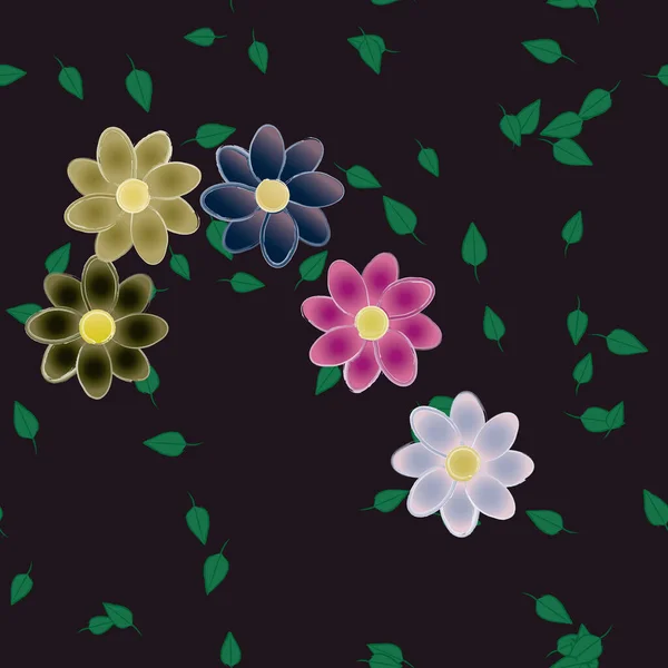 Vektorschablone Mit Einfachen Bunten Blumen Und Grünen Blättern — Stockvektor