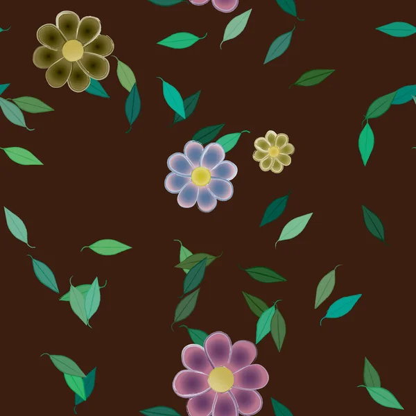 Modèle Vectoriel Avec Des Fleurs Colorées Simples Des Feuilles Vertes — Image vectorielle