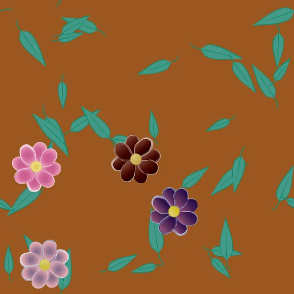 Modèle Vectoriel Avec Des Fleurs Colorées Simples Des Feuilles Vertes — Image vectorielle