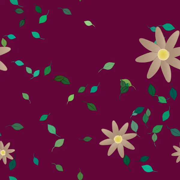 Wzór Wektor Prostych Kolorowych Kwiatów Zielonych Liści — Wektor stockowy