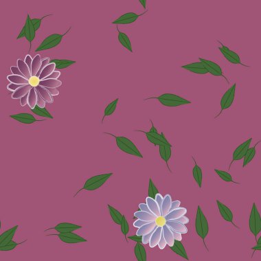 Serbest kompozisyonda yeşil yapraklı basit çiçekler, vektör illüstrasyonu