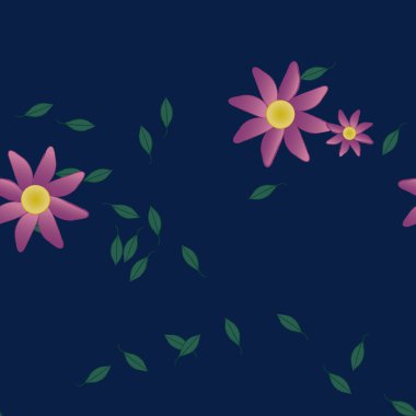 Serbest kompozisyonda yeşil yapraklı basit çiçekler, vektör illüstrasyonu