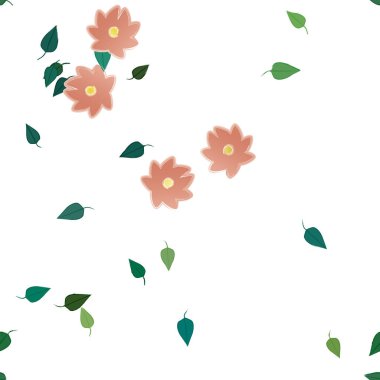 Serbest kompozisyonda yeşil yapraklı basit çiçekler, vektör illüstrasyonu