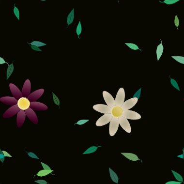 Duvar kağıdı, vektör illüstrasyonu için basit renkli çiçekler ve yeşil yapraklar