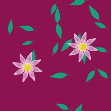 Serbest kompozisyonda yeşil yapraklı basit çiçekler, vektör illüstrasyonu