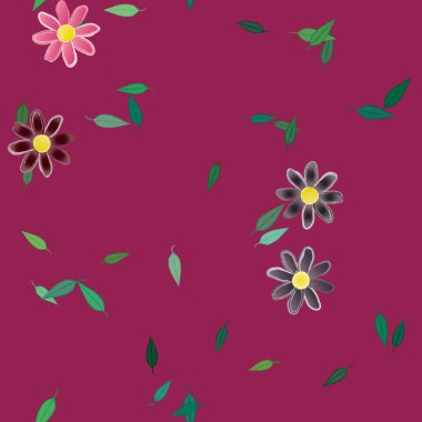 Serbest kompozisyonda yeşil yapraklı basit çiçekler, vektör illüstrasyonu