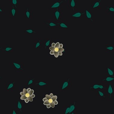 Serbest kompozisyonda yeşil yapraklı basit çiçekler, vektör illüstrasyonu