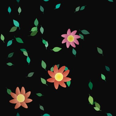 Serbest kompozisyonda yeşil yapraklı basit çiçekler, vektör illüstrasyonu