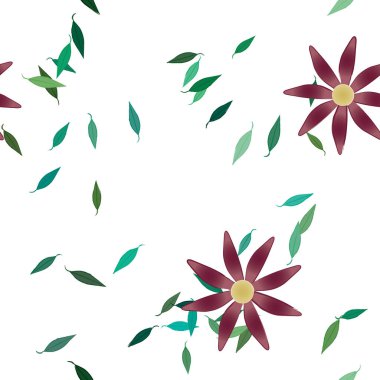 Duvar kağıdı, vektör illüstrasyonu için basit renkli çiçekler ve yeşil yapraklar