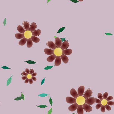 Duvar kağıdı, vektör illüstrasyonu için basit renkli çiçekler ve yeşil yapraklar