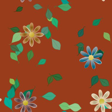 Serbest kompozisyonda yeşil yapraklı basit çiçekler, vektör illüstrasyonu