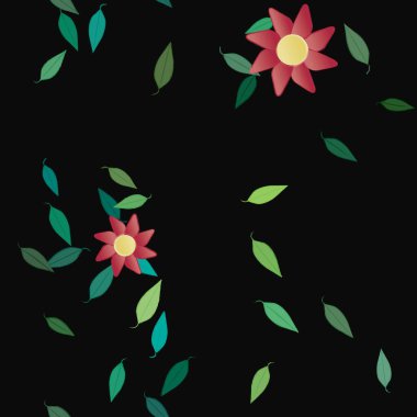 Serbest kompozisyonda yeşil yapraklı basit çiçekler, vektör illüstrasyonu