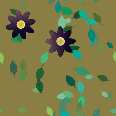 Serbest kompozisyonda yeşil yapraklı basit çiçekler, vektör illüstrasyonu