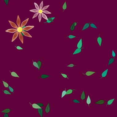 Serbest kompozisyonda yeşil yapraklı basit çiçekler, vektör illüstrasyonu