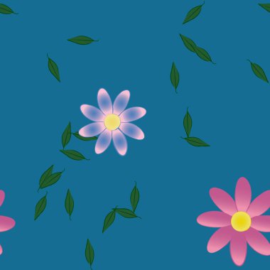 Serbest kompozisyonda yeşil yapraklı basit çiçekler, vektör illüstrasyonu