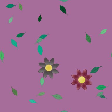 Serbest kompozisyonda yeşil yapraklı basit çiçekler, vektör illüstrasyonu