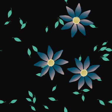 Duvar kağıdı, vektör illüstrasyonu için basit renkli çiçekler ve yeşil yapraklar