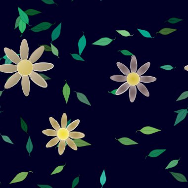 Serbest kompozisyonda yeşil yapraklı basit çiçekler, vektör illüstrasyonu