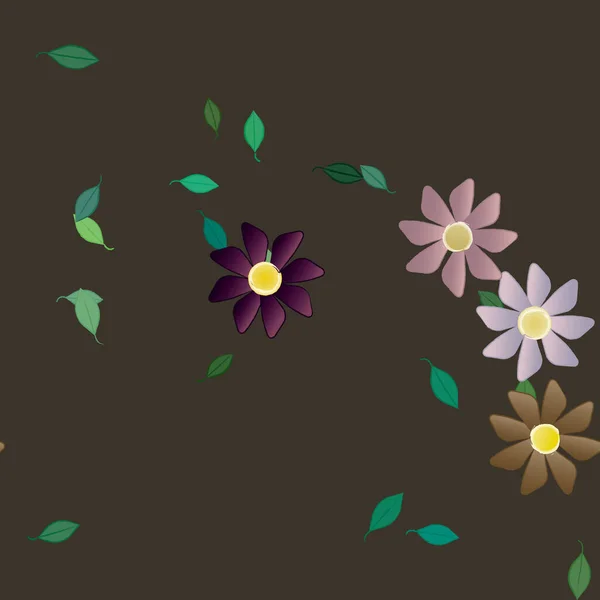 Plantilla Vector Con Flores Coloridas Simples Hojas Verdes — Archivo Imágenes Vectoriales