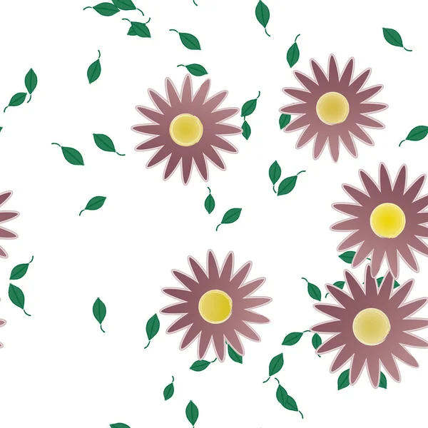 Plantilla Vector Con Flores Coloridas Simples Hojas Verdes — Archivo Imágenes Vectoriales