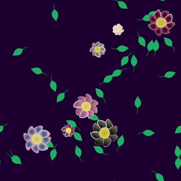 Modèle Vectoriel Avec Des Fleurs Colorées Simples Des Feuilles Vertes — Image vectorielle