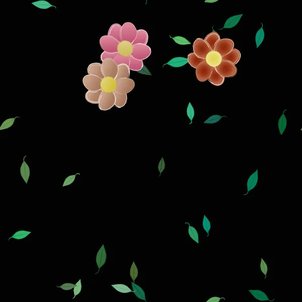 Egyszerű Színes Virágok Zöld Levelek Tapéta Vektor Illusztráció — Stock Vector