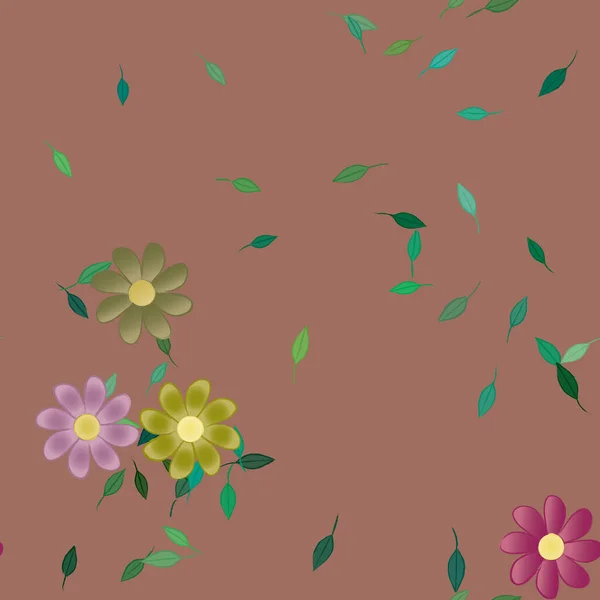 Modèle Vectoriel Avec Des Fleurs Colorées Simples Des Feuilles Vertes — Image vectorielle