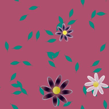 Serbest kompozisyonda yeşil yapraklı basit çiçekler, vektör illüstrasyonu