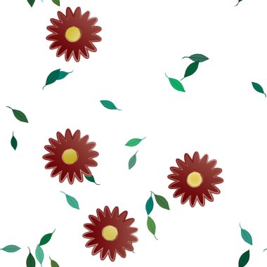 Duvar kağıdı, vektör illüstrasyonu için basit renkli çiçekler ve yeşil yapraklar