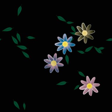 Basit çiçek ve yeşil yapraklı tasarım kompozisyonu, vektör illüstrasyonu