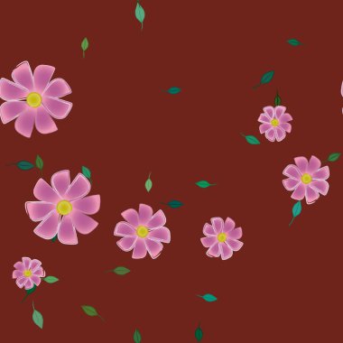 Serbest kompozisyonda yeşil yapraklı basit çiçekler, vektör illüstrasyonu