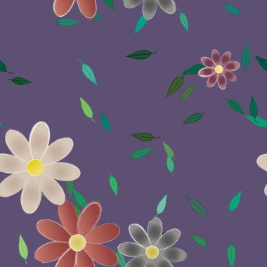 Serbest kompozisyonda yeşil yapraklı basit çiçekler, vektör illüstrasyonu