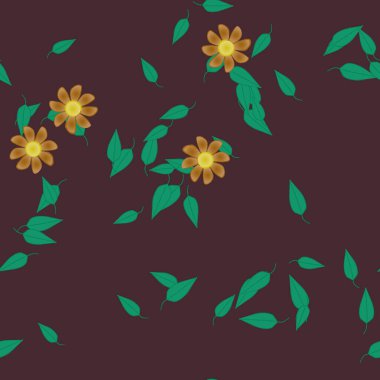 Serbest kompozisyonda yeşil yapraklı basit çiçekler, vektör illüstrasyonu