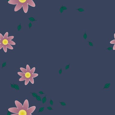 Duvar kağıdı, vektör illüstrasyonu için basit renkli çiçekler ve yeşil yapraklar