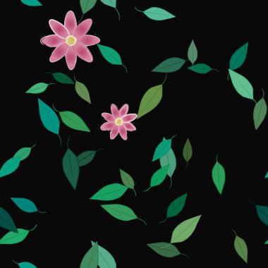 Serbest kompozisyonda yeşil yapraklı basit çiçekler, vektör illüstrasyonu