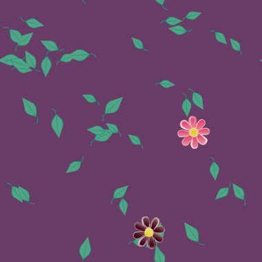 Serbest kompozisyonda yeşil yapraklı basit çiçekler, vektör illüstrasyonu