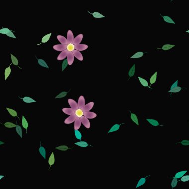 Serbest kompozisyonda yeşil yapraklı basit çiçekler, vektör illüstrasyonu