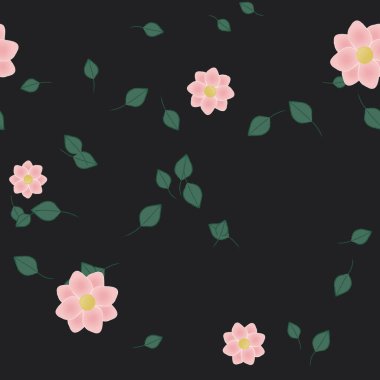 Duvar kağıdı, vektör illüstrasyonu için basit renkli çiçekler ve yeşil yapraklar