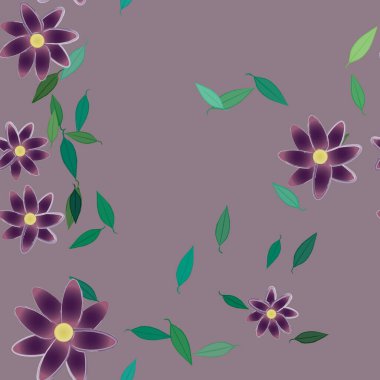 Serbest kompozisyonda yeşil yapraklı basit çiçekler, vektör illüstrasyonu