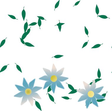 Duvar kağıdı, vektör illüstrasyonu için basit renkli çiçekler ve yeşil yapraklar