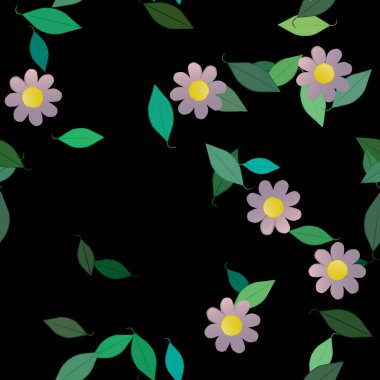 Duvar kağıdı, vektör illüstrasyonu için basit renkli çiçekler ve yeşil yapraklar