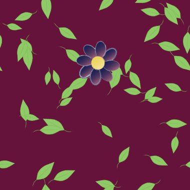 Serbest kompozisyonda yeşil yapraklı basit çiçekler, vektör illüstrasyonu