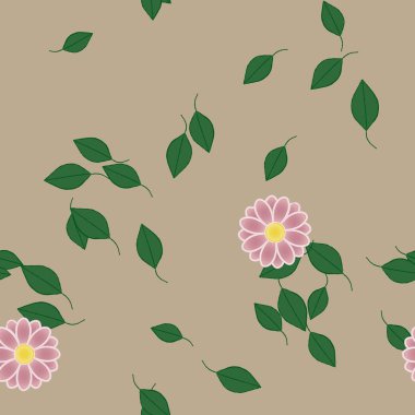 Serbest kompozisyonda yeşil yapraklı basit çiçekler, vektör illüstrasyonu