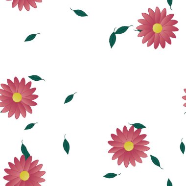 Serbest kompozisyonda yeşil yapraklı basit çiçekler, vektör illüstrasyonu